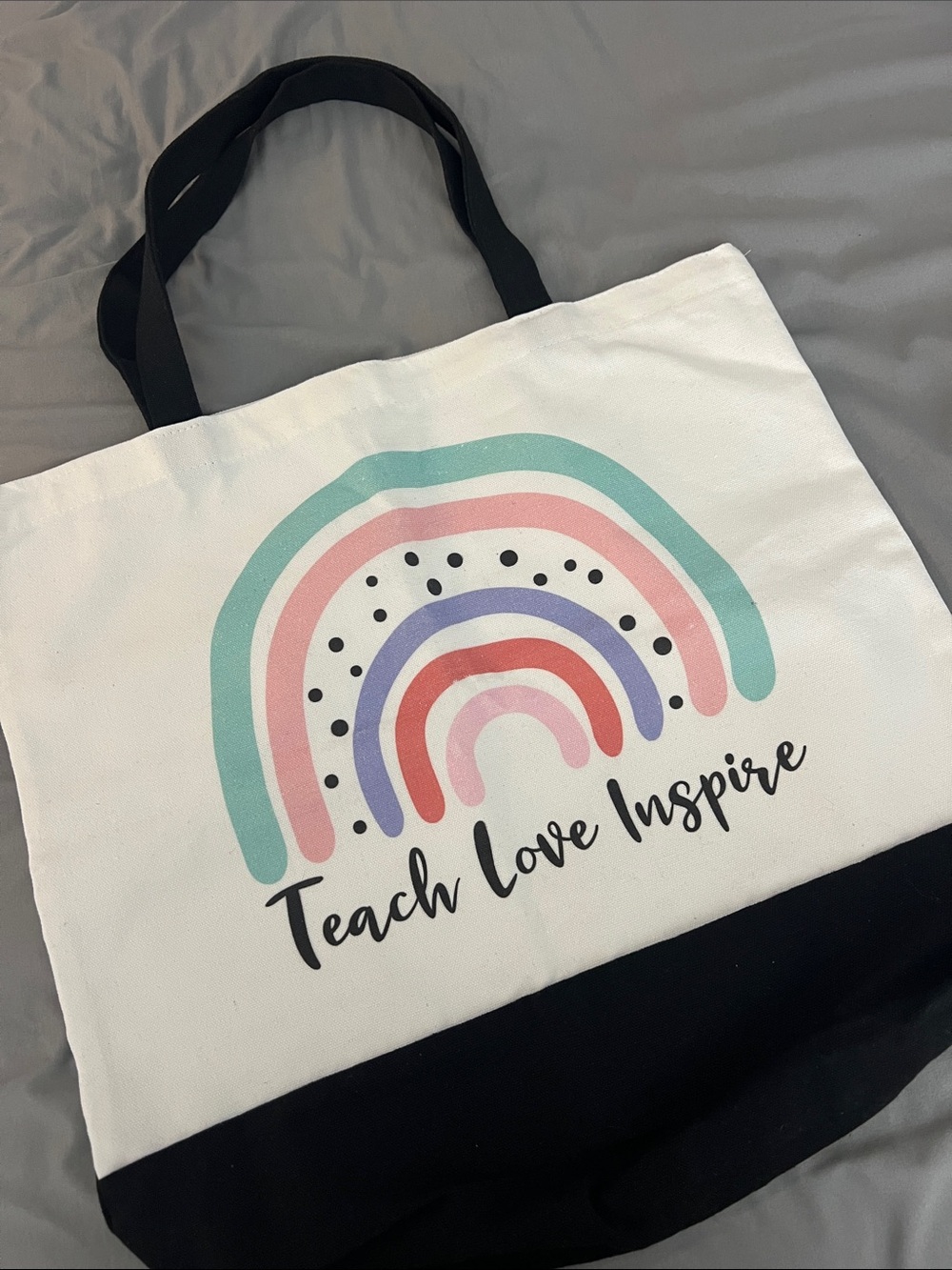 Teach Love Inspire Rainbow Canvas Tote - White with Pastel Rainbow